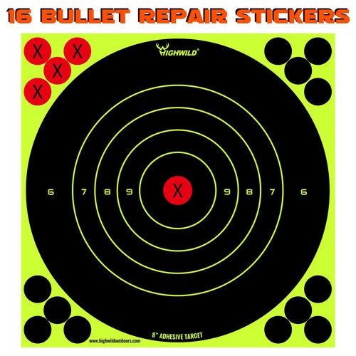 Highwild Stick Splatter Adhesive Bullseye Bright Fluorescent Yellow Shooting Targets - 8x8 Inch (25 Pack)