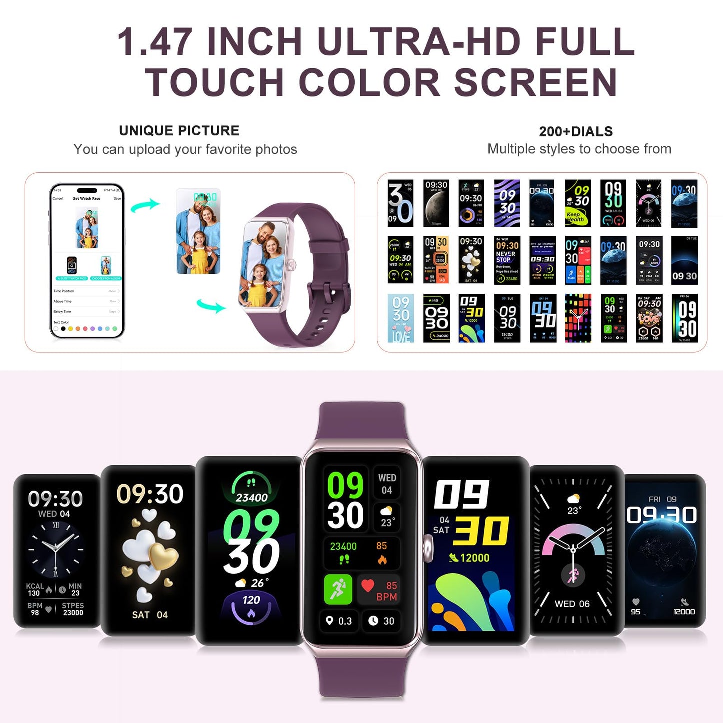 Bakoor Fitness Tracker, Fitness Watch with 24/7 Heart Rate, Blood Oxygen Blood Pressure, Step Counter Sleep Tracking, 100+ Sports Modes Smart Watches, Activity Pedometer for Women Men