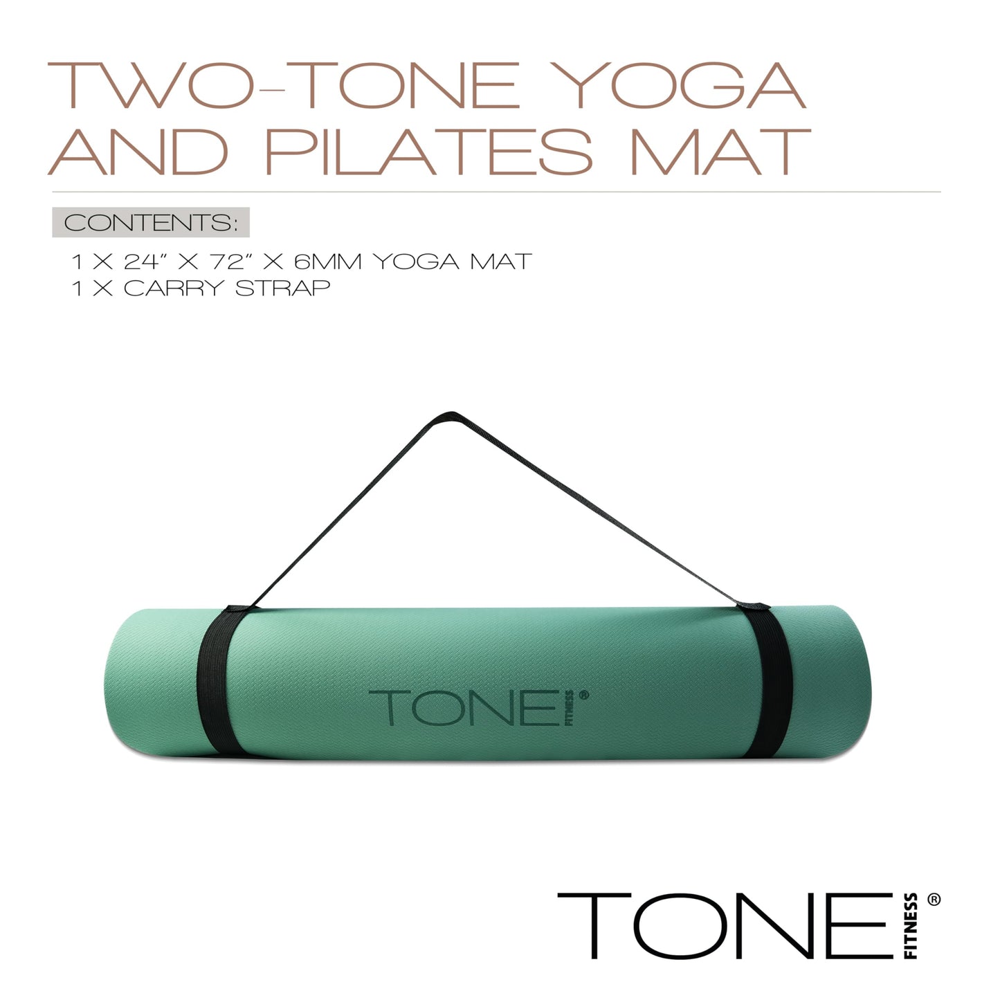 TONE Fitness Yoga Mat 1/4" Thick Non Slip Exercise & Pilates Mat for Home Workouts with Carrying Strap | V Pattern | Black/Teal
