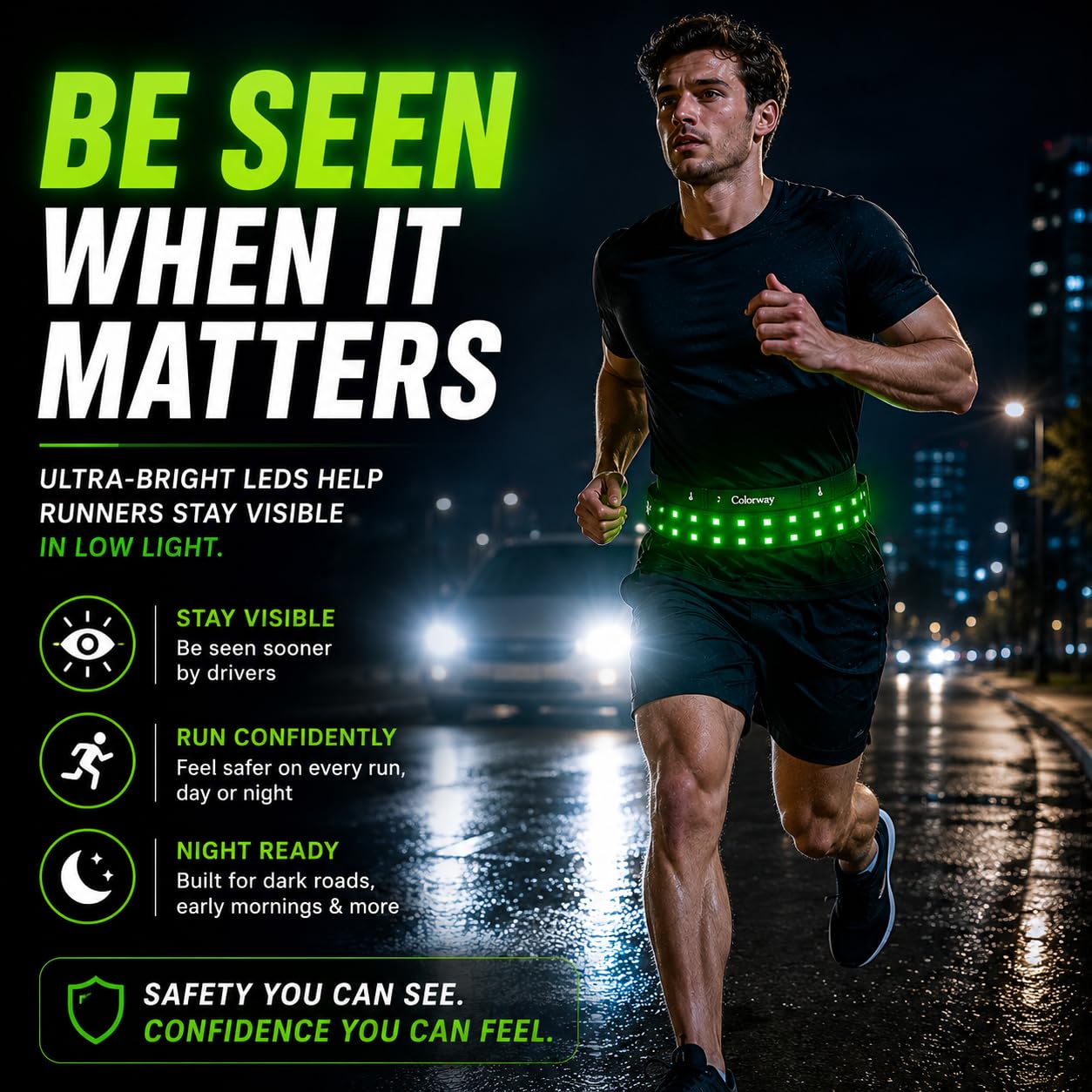 Colorway LED Running Belt - Reflective Running Gear with Removable Light Strip, 5 Bright Colors, USB Rechargeable, Adjustable Waist Pack, High Visibility, Night Safety Belts for Men and Women