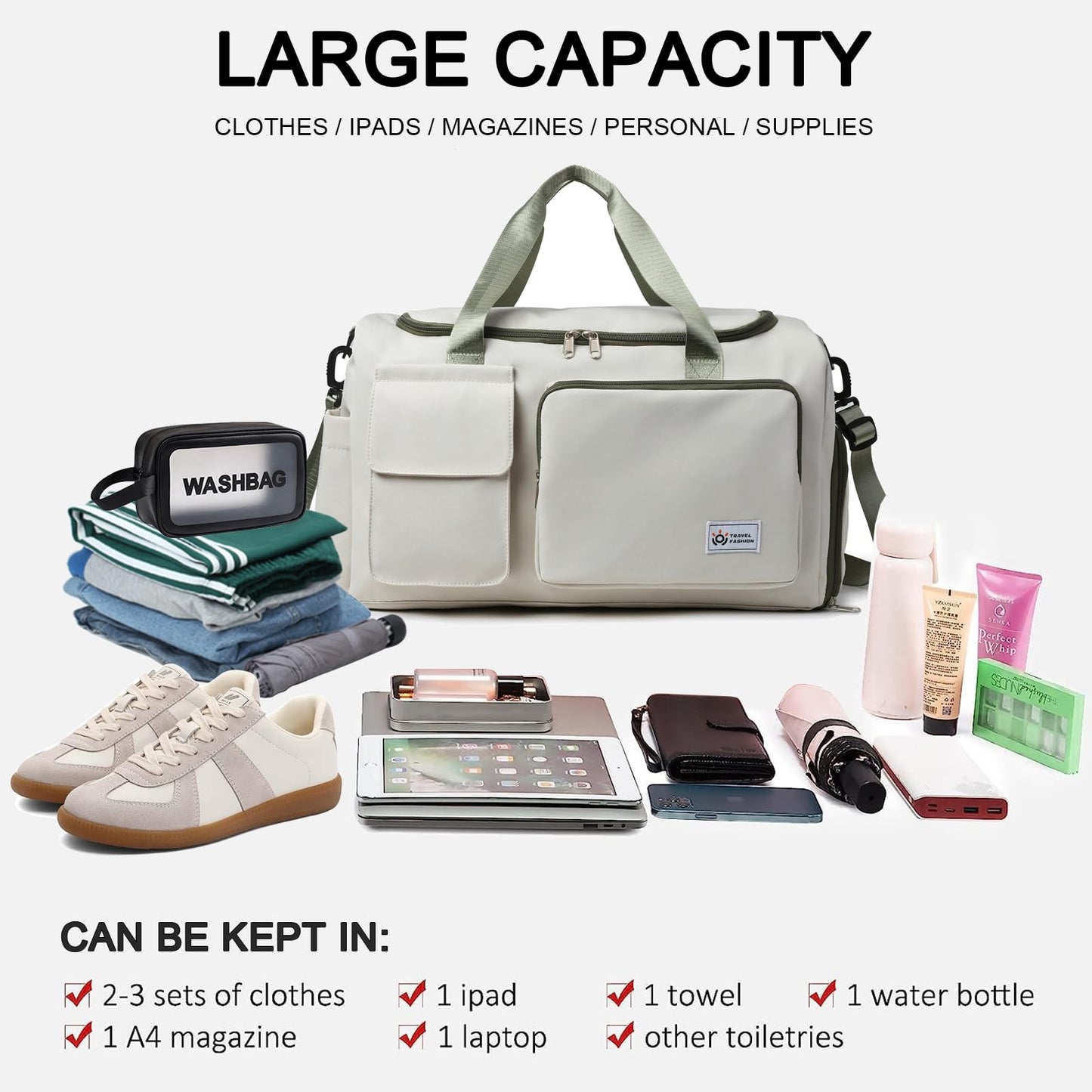 BEULPTN Small Gym Bag for Women, Waterproof Travel Duffle Bag Carry On Weekender Bag with Shoe Compartment & Wet Pocket, Gym Tote Bag for Travel, Workout, Sport, 40#Beige-Zipper