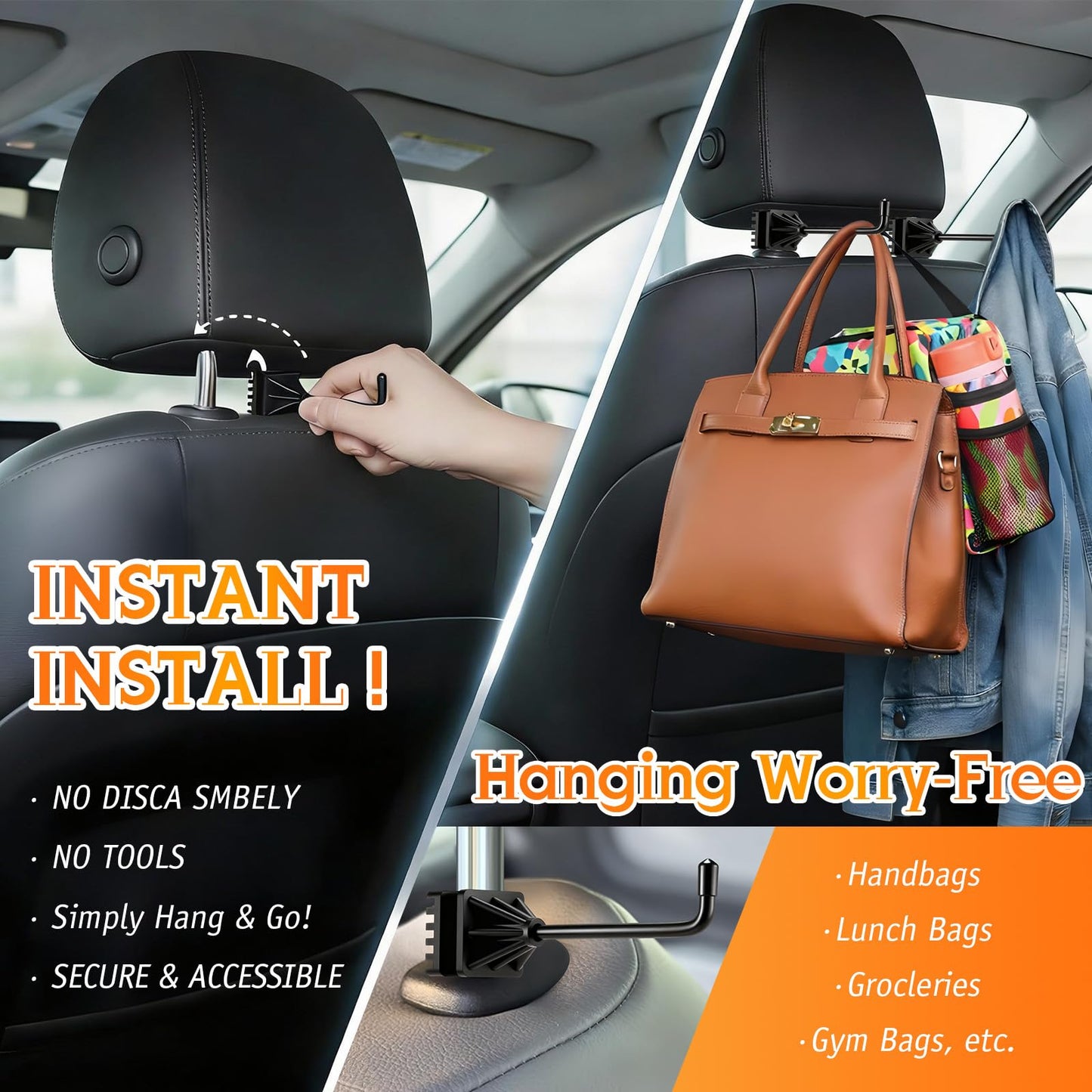 Hard Hat Holder for Truck, Heavy Duty Stainless Steel Hard Hat Accessories, Headrest Hooks for Car Seat, Compact Truck Organizer & Storage, Car Purse Hook for Work Helmets & Gear, Blackon(1pack)
