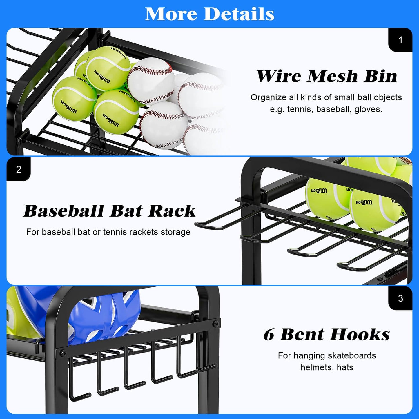YIWANFW Garage Ball Storage Rack - Sports Equipment Organizer with Wheels, Rolling Sports Ball Cart with Elastic Rope, Outdoor Ball Holder for Basketball Soccer Volleyball Football, Garage Toy Storage