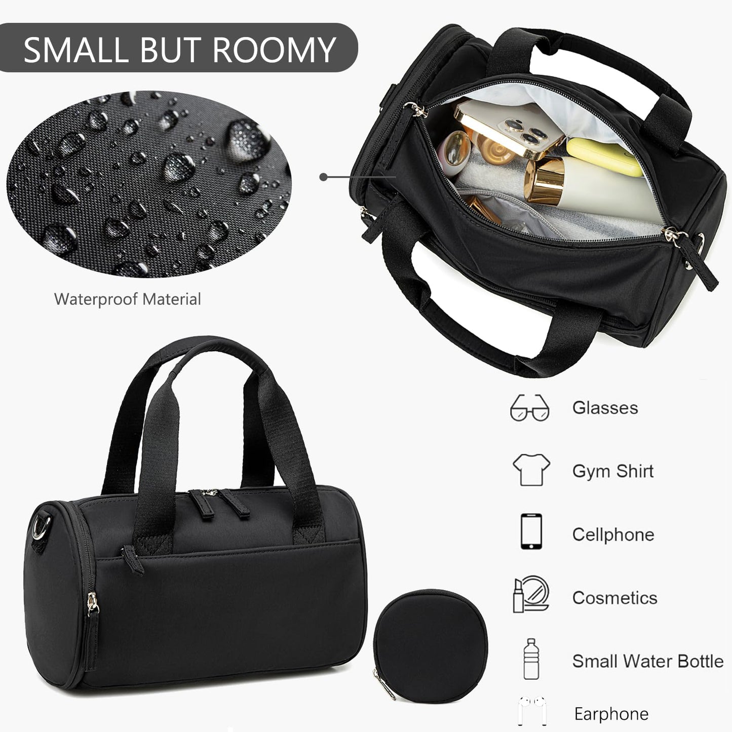 Mini Gym Bag for Women Girls Cute Small Duffle Bag 12'' with Multifunctional Pockets Workout Sport Bags Dance,Fitness,Yoga (Black)