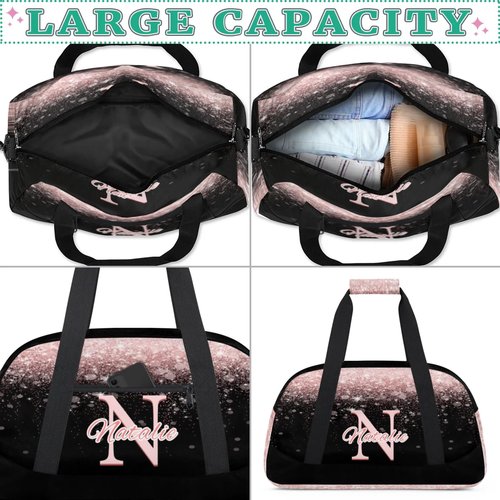 Personalized Kids Sports Duffel Bag with Name Custom Gym Dance Bag for Boys Girls Waterproof Weekender Overnight Bag for Travel Cheerleading Gymnastics Pink Sequins