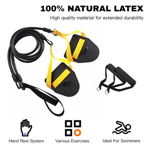 Swimming Resistance Band Set with Hand Paddles & Handles, 60 lb Training, 1.2m Stretch Cord, Black-Yellow