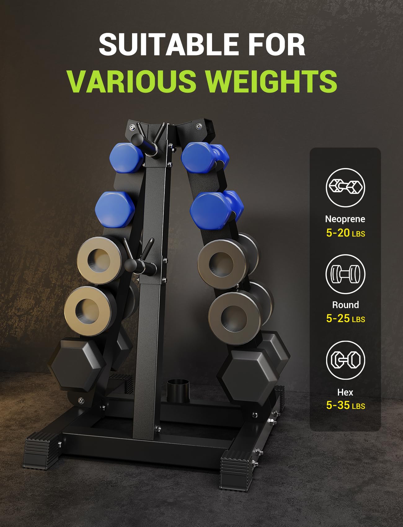 YOLEO 5-Tier A-Frame Dumbbell Rack Stand, Heavy-Duty 3-in-1 Weight Rack for Dumbbells, Barbells & Plates, Space-Saving Home Gym Organizer, 1100LBS Capacity, 19.5"x24.6"x30.7" (Rack Only)