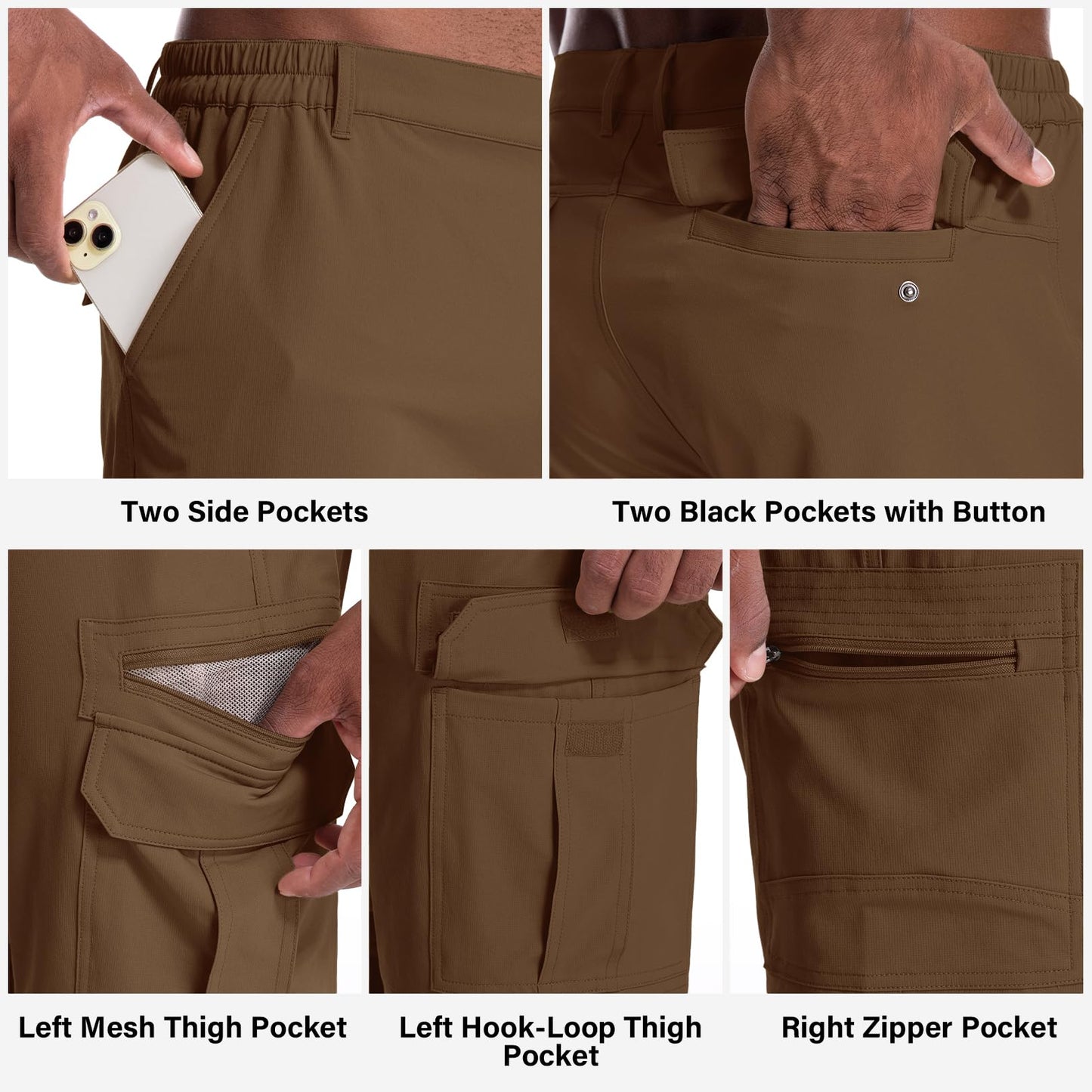 Jessie Kidden Mens Outdoor Casual Expandable Waist Lightweight Water Resistant Quick Dry Fishing Hiking Shorts (6222 Coffee 42)