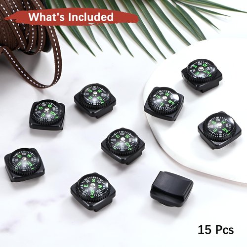 TIXIPEM 20mm Slip-On Wrist Compass [15PCS] - Hard Shell Liquid Filled Button Compass Survival Paracord Bracelet for Hiking - [Black] Outdoor Accessory