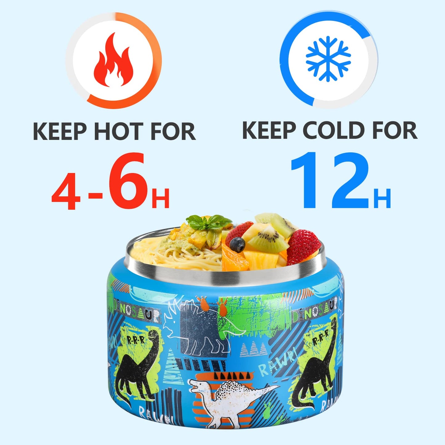 JXXM 8 Oz Thermo Food Jar for Hot & Cold Food for Kids, Insulated Lunch Containers Hot Food Jar,Leak-Proof Vacuum Stainless Steel Wide Mouth Lunch Soup Thermo for School (BLUE-Dinosaur)