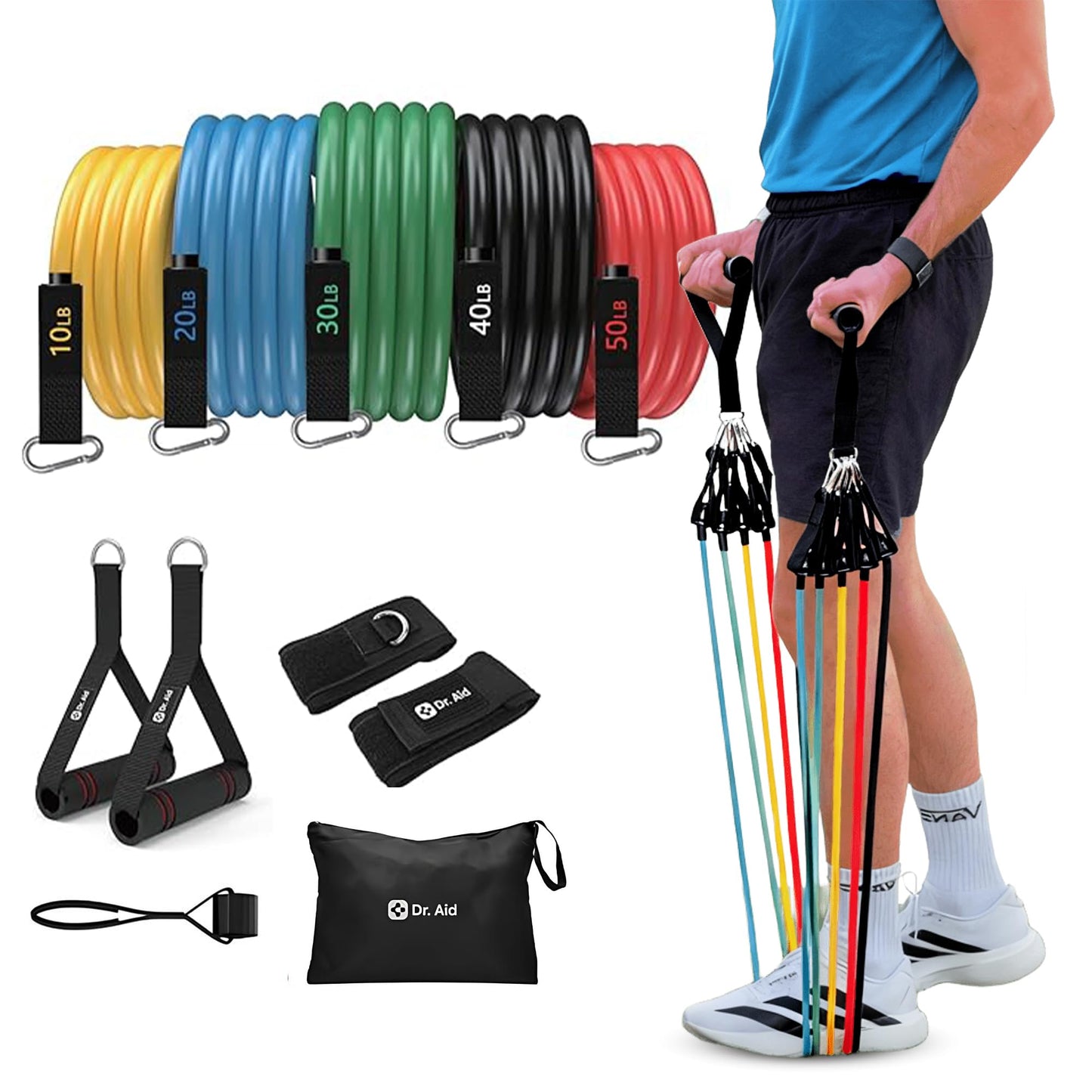 Dr. Aid Resistance Bands with Handles - 5 Stackable Exercise Bands for Working Out, Pure Latex, Smell-Free & Tear Resistant - Workout Resistance Set for Physical Therapy, Strength Training & Stretch