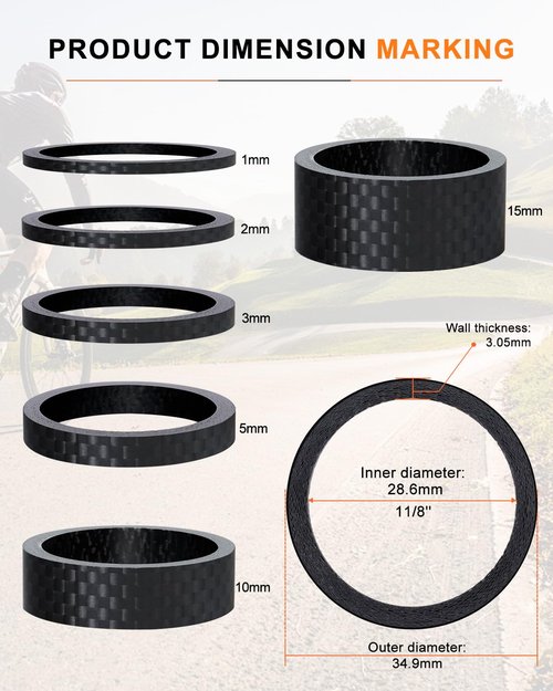 Cheimaxy 8PCS Carbon Fiber Headset Spacers, Matte Finish, Lightweight and Precision, Fits 1 1/8 Inch Stem for MTB, Road Handlebar Stems, 6 Sizes (1/2/3/5/10/15 mm)