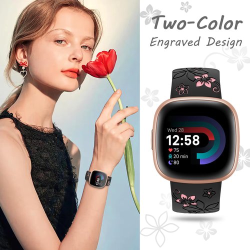 OHOTLOVE Floral Engraved Bands Compatible for Fitbit Sense Bands/Fitbit Versa 3 Bands Women/Fitbit Versa 4 Bands/Sense 2 Bands,Soft Cute Two-Tone Flower Sport Watch Strap Replacement Wristbands.A