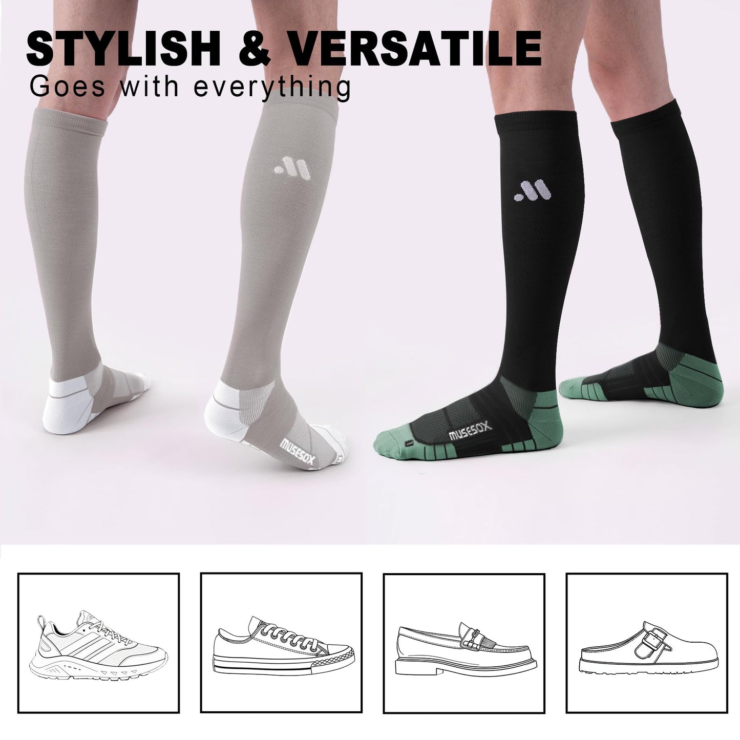 musesox Compression Socks for Women and Men,Knee High 15-20mmHg Graduated Support(3 Pairs) for Nurses,Travel,Black Gray Green,Large