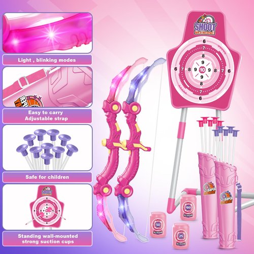 Bow and Arrow Toys for 5 6 7 8 9 10 Years Olds Girls, Archery Set Includes 2 Super Bow with LED Lights, 20 Suction Cups Arrows,Archery Set with Standing Target,3 Target Cans,Gift for Kids