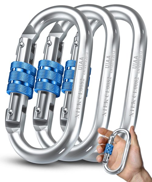XTEK Climbing 25kn Climbing Carabiner Clip - Heavy Duty O-Shape Steel Locking Caribeaner - UIAA/CE Certified Rock Climbing Gear - Strong Large Locking Oval Caribeener for Mountain Climbing