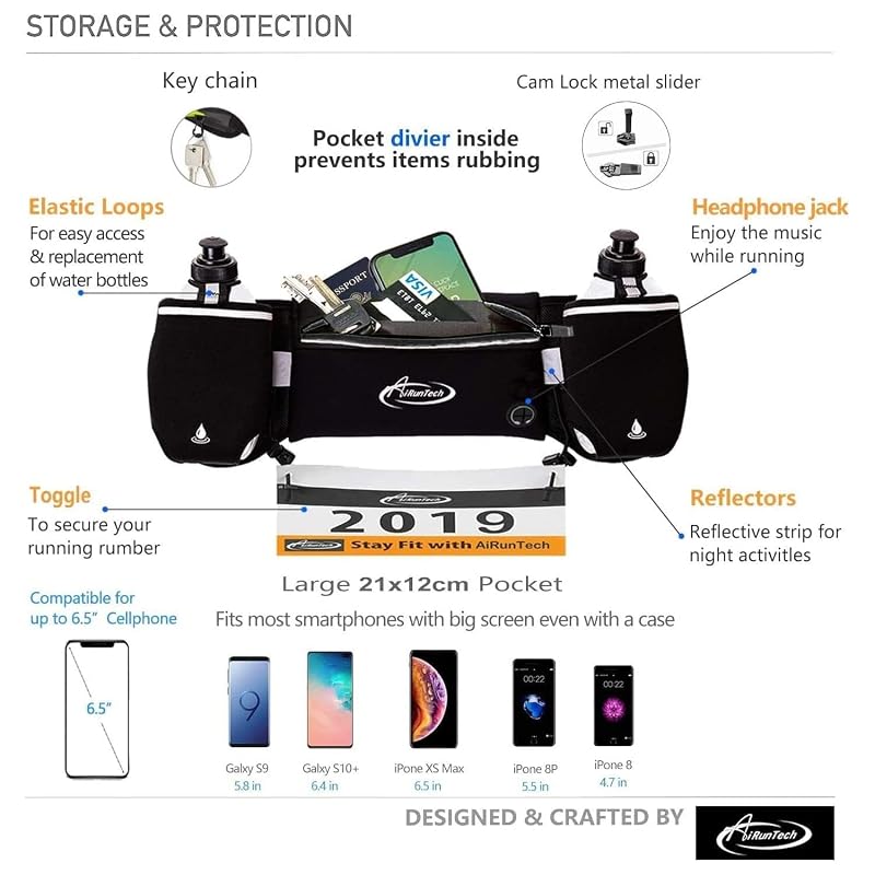 AiRunTech Hydration Running Belt with 2x 10oz Water Bottles - Phone & Wallet Holder, Reflective Pocket, Adjustable Fit