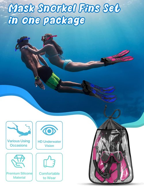 Zenoplige Mask Fins Snorkel Set, Snorkeling Gear for Adults, Panoramic View Snorkel Mask Anti-Fog, Adjustable Dive Flippers, Dry Top Snorkel and Travel Bag, Scuba Gear for Swimming Snorkeling Diving