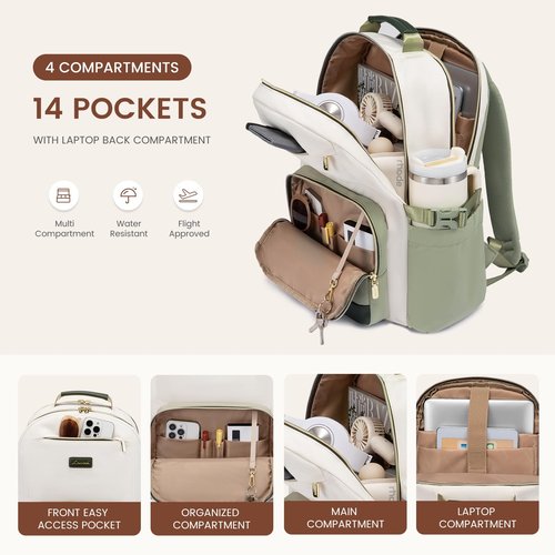 LOVEVOOK Laptop Backpack for Women with Pouch Pocket for Large Capacity Cup,18 Inch Laptop Computer Bag Travel Backpack Purse,Waterproof Work College Teacher Bags,White-Bean Green-Dark Olive Green