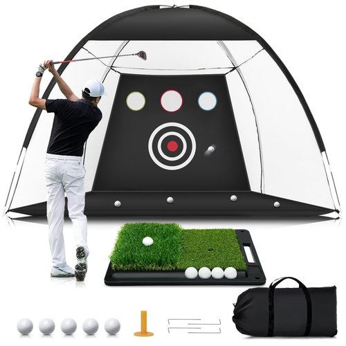 Golf Net: 10x7ft Golf Hitting Practice Net for Backyard, Indoor or Outdoor Driving Chipping Swing Training and Equip Non-Slip Heavy-Duty Base Hitting Mat, Ideal Gifts for Dad Husband Men Fathers Day