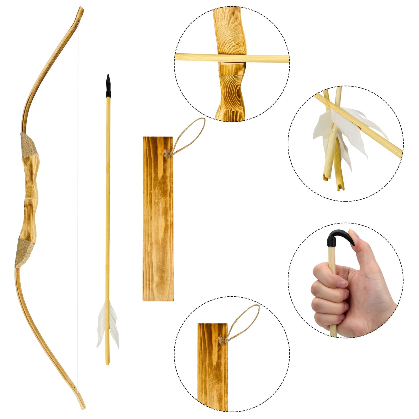 Basbon Youth Wooden Bow and Arrow Set, 40 Inch Handmade Wooden Bow and Arrow Cosplay Costume Prop Archery Set Games Toys, 1 Bows 1 Quivers and 3 Feather Arrows, Gifts for Kids Youth Boys and Girl