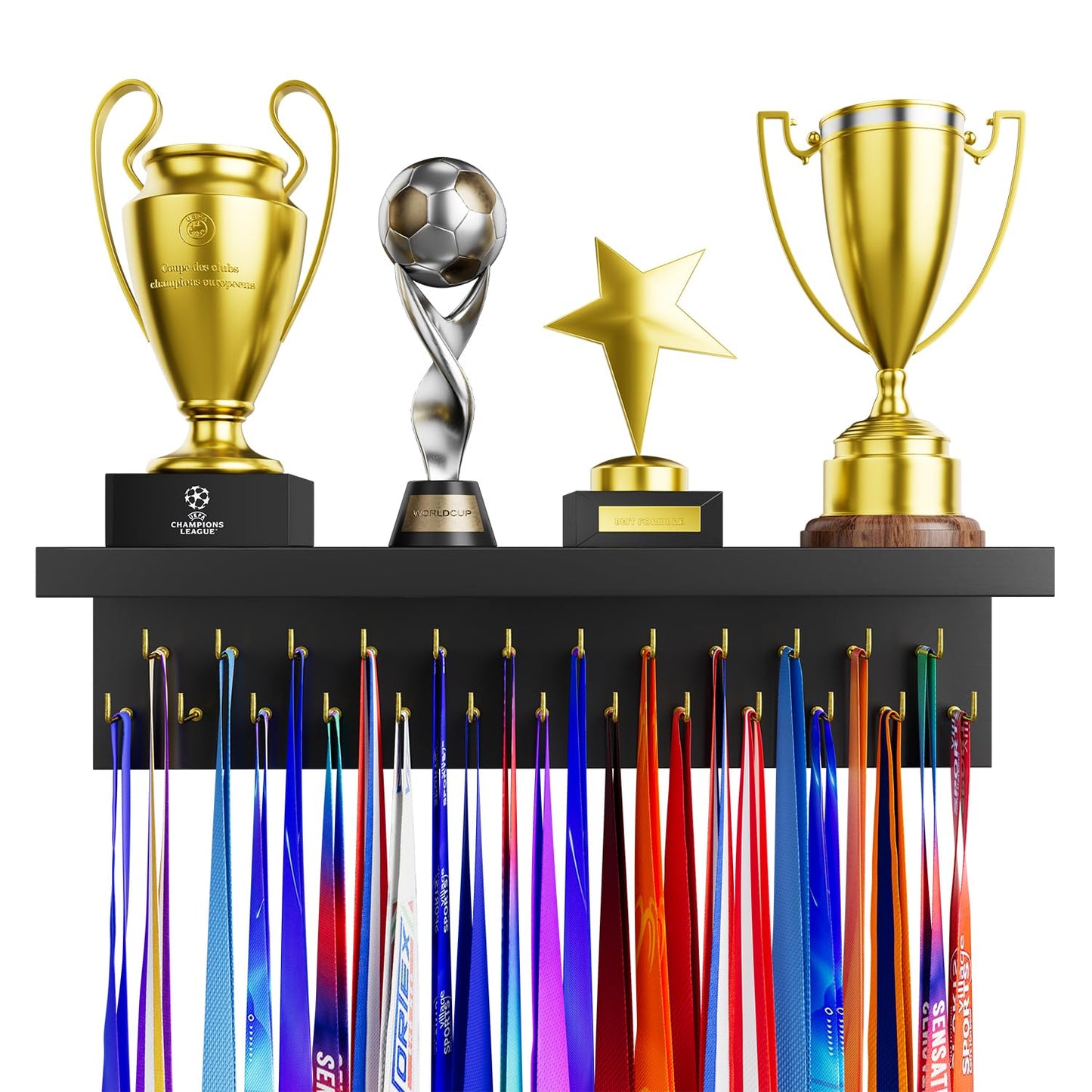 DSVENROLY Medal Holder Display Trophy Shelf Organizer, Sturdy Wooden Race Award Hanger Rack with 25 Steel Hooks, Wall Mount Storage Stand for Sports Fans, Cheer Success, Black