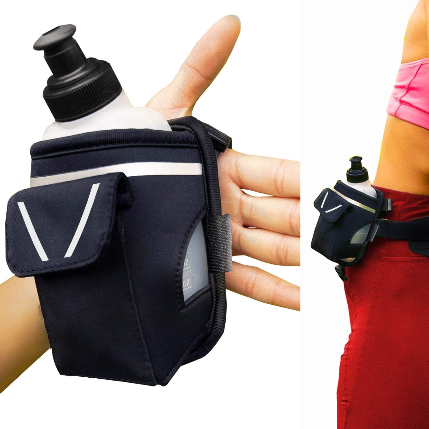2-in-1 Running Fun Black Handheld 12 Oz Water Bottle & Belt Add-on – Strap to Hand or Slide on Belt – Waterproof Pocket for Money, Key, ID – Maximize Your Time, Freedom & Health