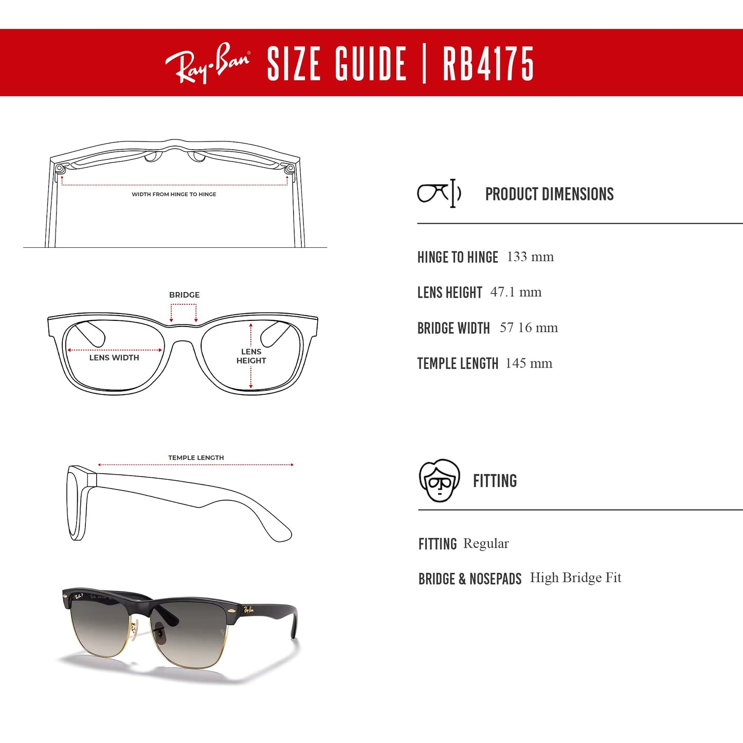 Ray-Ban RB4175 Clubmaster Oversized 877/M3 57MM Demigloss Black/Crystal Lens Dark Grey Gradient Polarized Square Sunglasses for Men (Large)