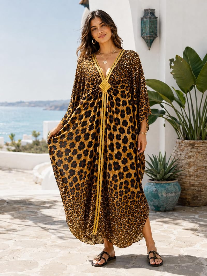 Plus Size Kaftan Dress for Women with Batwing Sleeves – Gradient Leopard Print