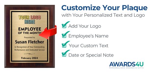 Employee of the Month Plaque - Award for Employees - Personalized Plaques - Board for Monthly Perpetual and Individual Recipient Awards and Appreciation Gifts - Choose Your Size - Customize Now! (6x8 with Logo)