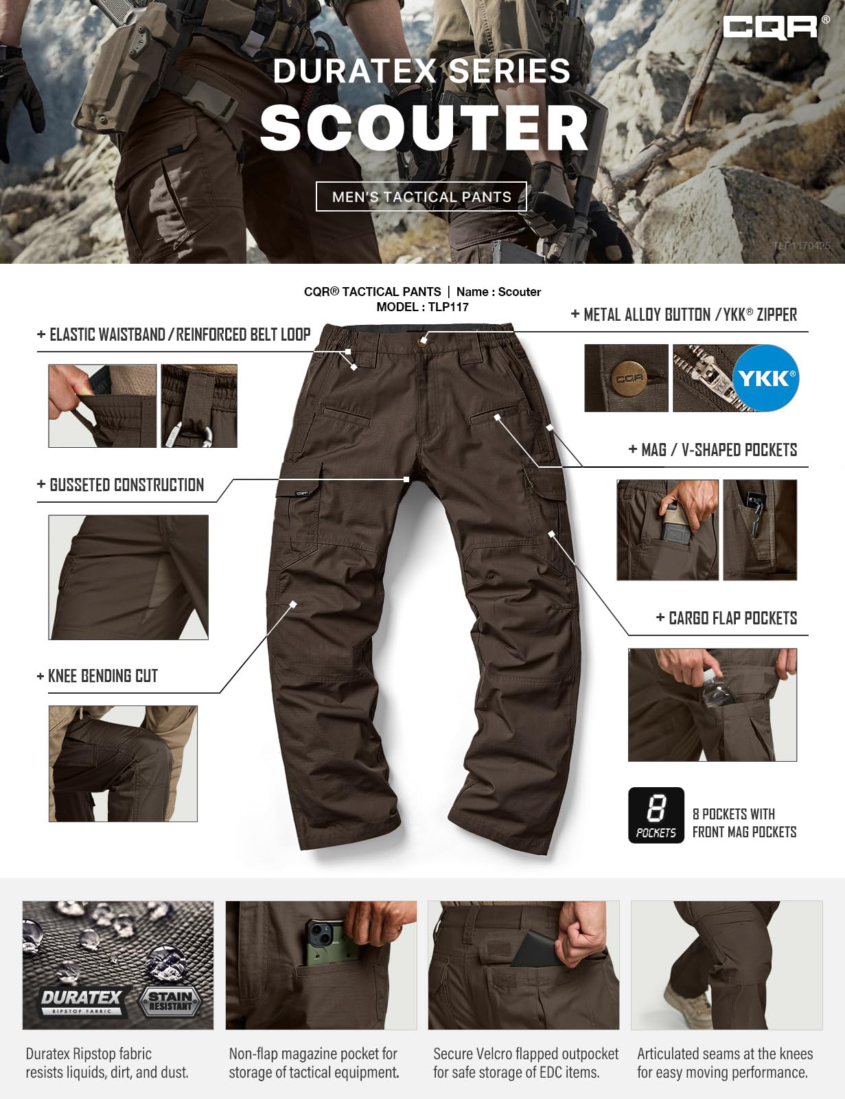 CQR Men's Tactical Pants, Water Resistant Ripstop Cargo Pants, Lightweight EDC Work Hiking Pants, Outdoor Apparel, Raider Dark Brown, 40W x 32L