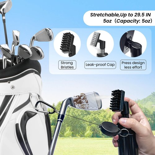 BAPOTH Golf Club Cleaner, Non-Leaking Stretchable Golf Club Brush with Microfiber Golf Towel (23.6 * 15.7 in), Strong Bristles Golf Brush Can Hold 5oz Water, Essentials Golf Accessories for Men