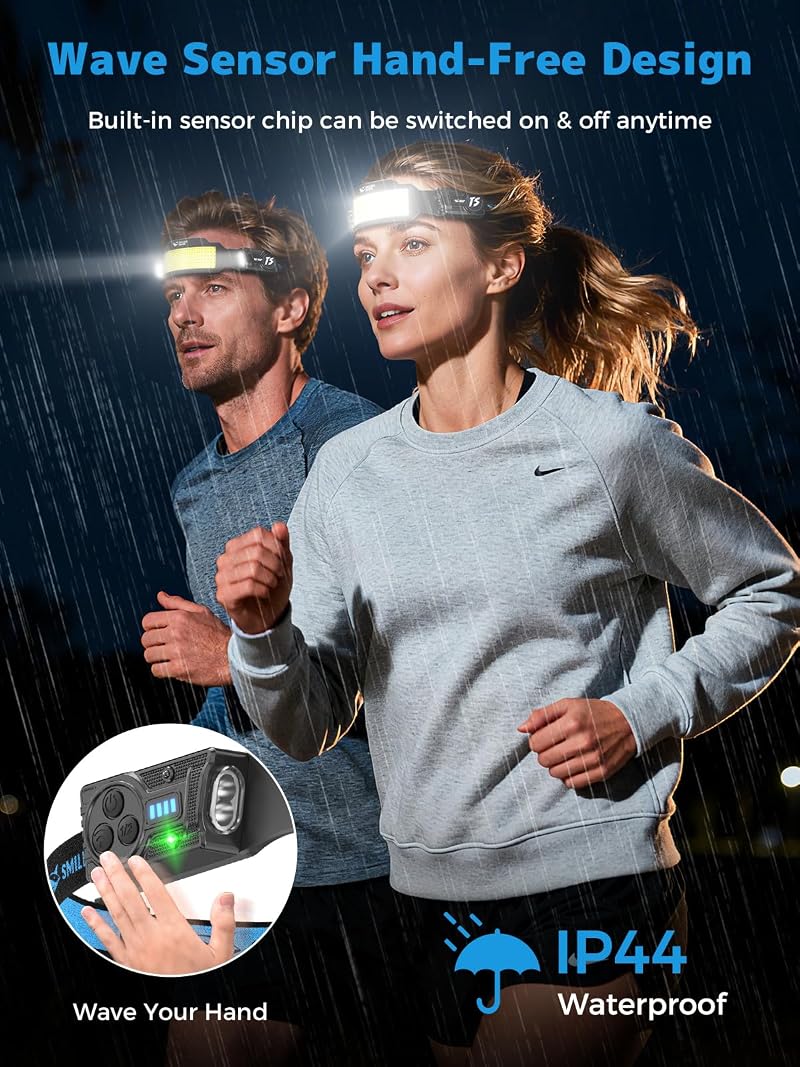 2 Pack Smiling Shark TS-6 Headlamp with 6x Flood & Dual Spotlight, Rechargeable 2400mAh