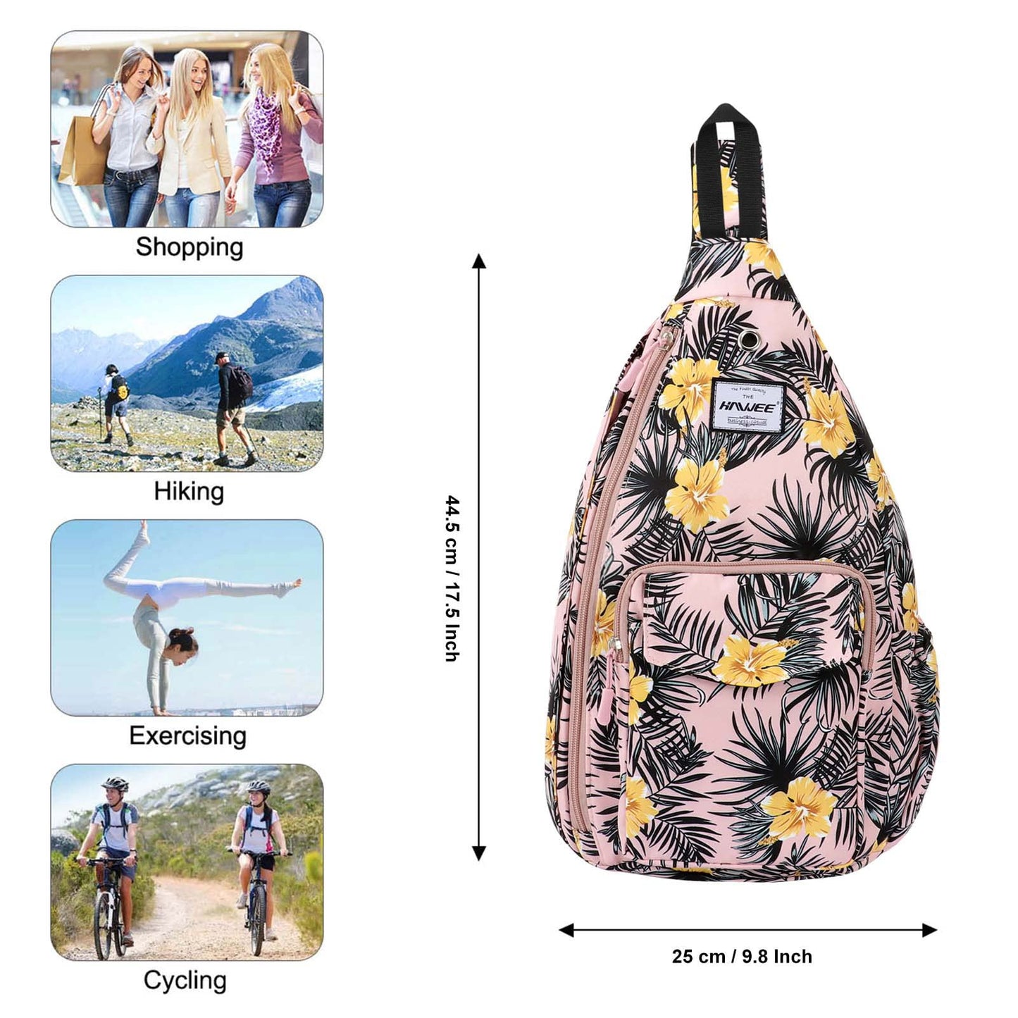 HAWEE Rope Sling Bag for Women Casual Cross Body Backpack Adjustable Anti-slip Strap/Bottle Pocket/Earphone Hole for Travel Hiking Sports, Hibiscus Orange