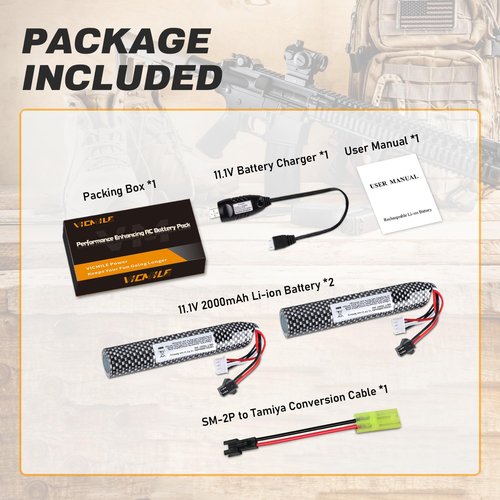 VICMILE 2PACK Airsoft Battery 11.1V 2000mAh SM2P Plug with 11.1V USB Charger and SM2P to Mini Tamiya Conversion Cable Compatible with Most Airsoft Model Guns Gel Water Bead Blaster