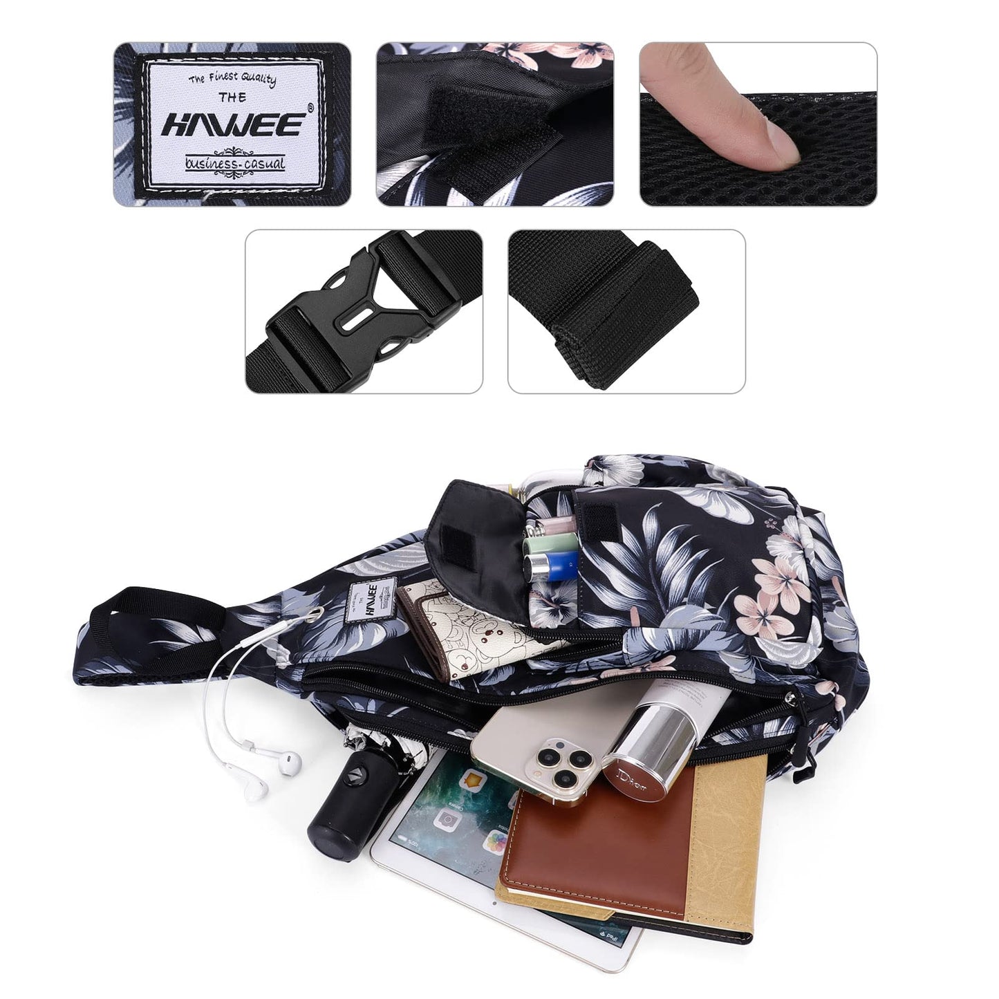 HAWEE Hawaii Flower Crossbody Sling Shoulder Bag Lightweight Waterproof Cloth with Adjustable Strap Earphone Hole, Hibiscus