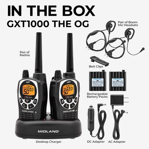 Midland GXT1000VP4 GMRS Two-Way Radio (50-Channel, Long Range, 142 Privacy Codes, SOS, NOAA, Rechargeable Nickle Battery, Black/Silver, 2-Pack)