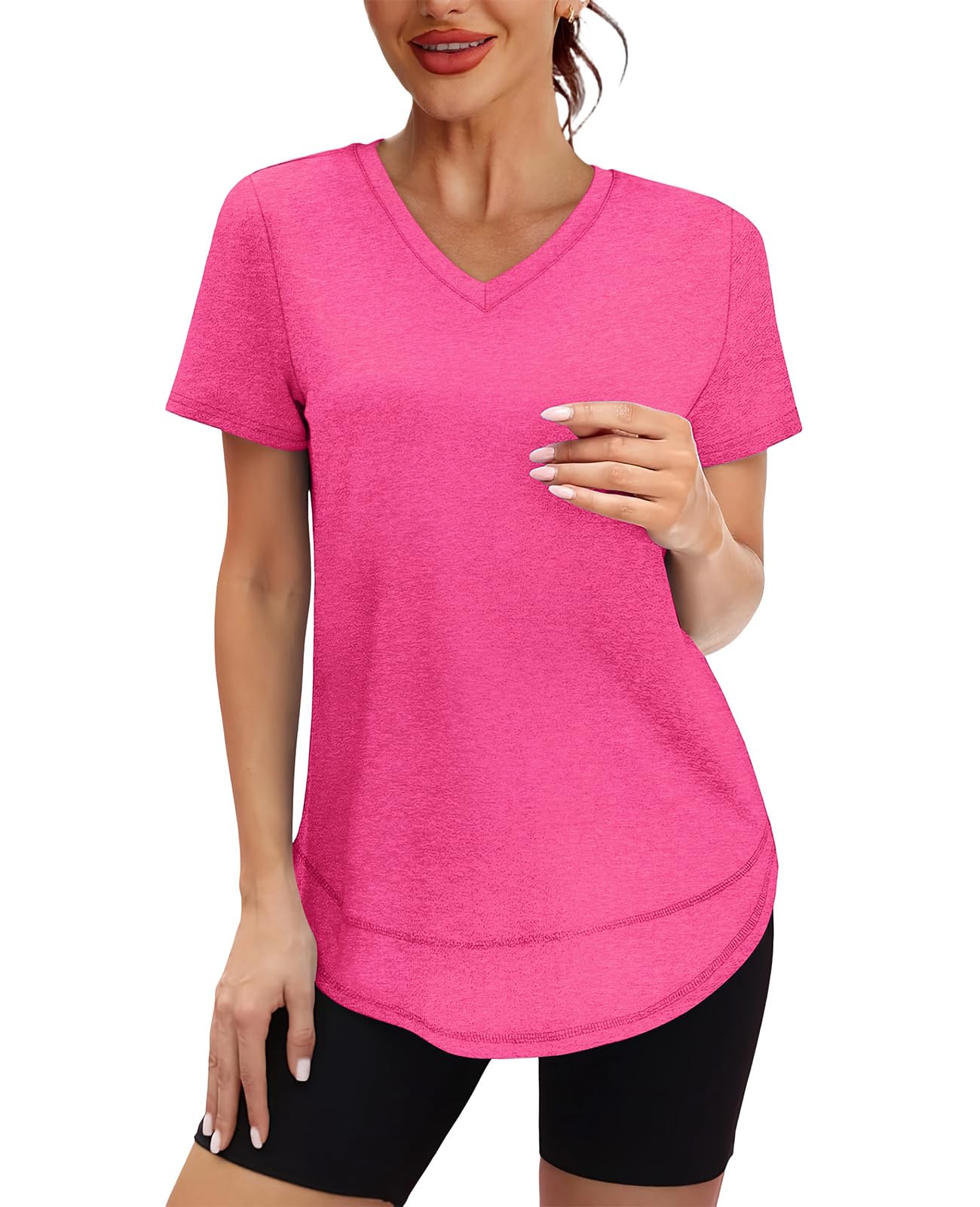 Short Sleeve Shirts for Women Workout Pilates Outfits Tennis Summer Tops 2026 Beach Vacation Clothes V Neck Hot Pink M