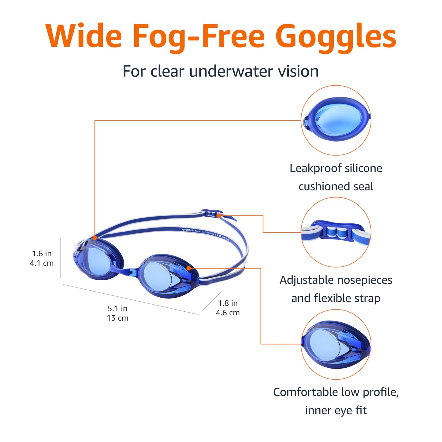 Amazon Basics Unisex Swim Goggles for Adults, Anti-Fog, Unisex, Wide View, 4 Interchangeable Nosepieces, Blue