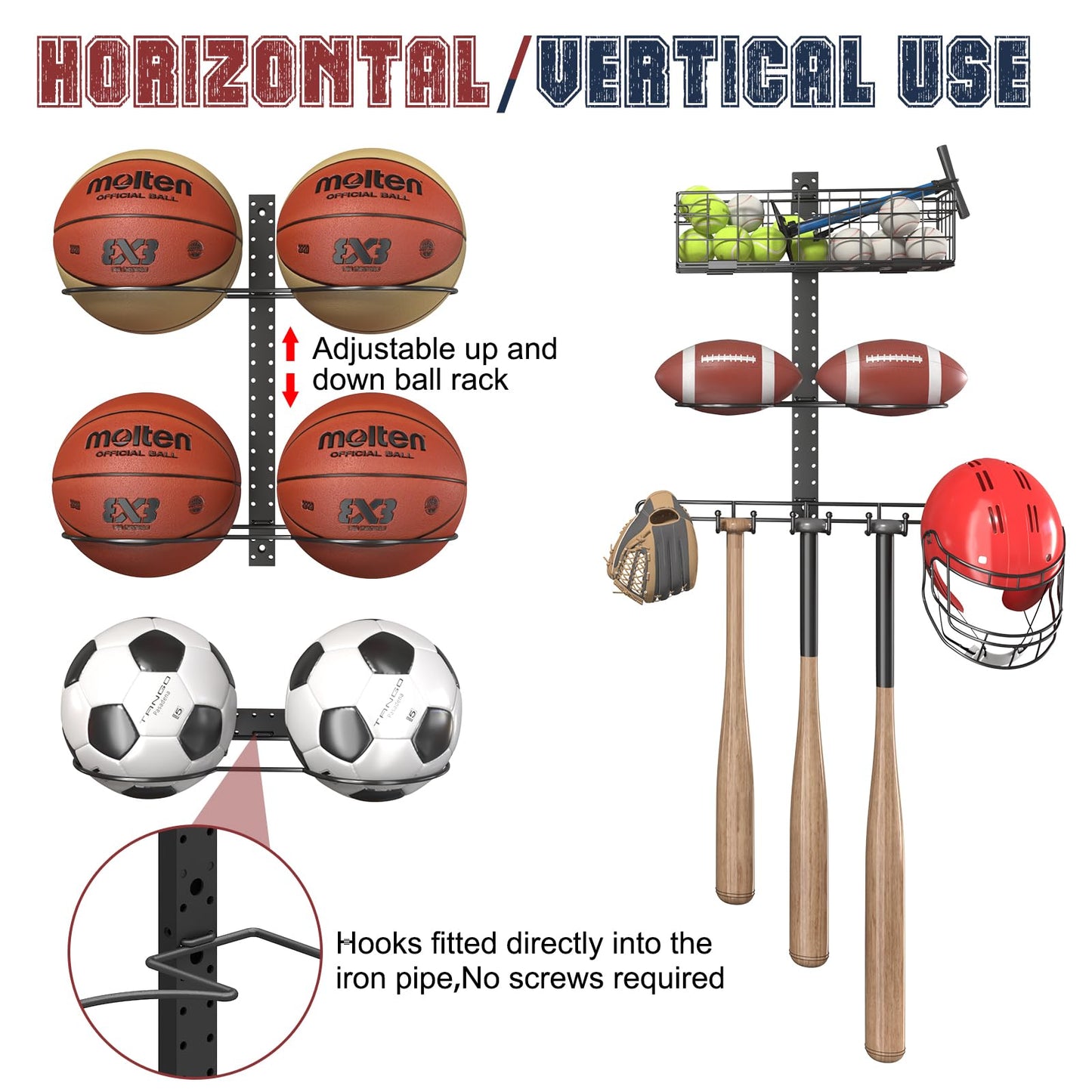 Feyejade 7 Tier Ball Holder Wall Mount:Detachable Wall Mounted Basketball Rack,10 Balls Vertical/Horizontal DIY with Hooks for Basketball Soccer Ball Volleyball Baseball Storage Display