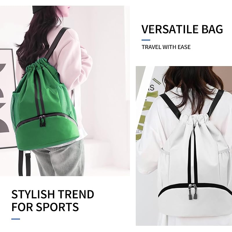 Drawstring Gym Backpack with Shoes Pocket - Dark Green, Large