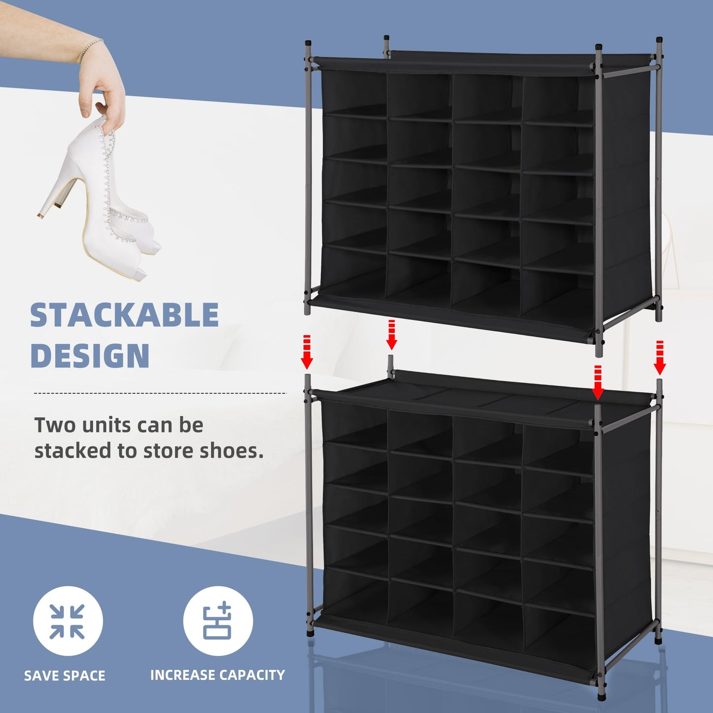 STORAGE MANIAC Stackable Shoe Cubby Organizer, Free Standing Shoe Cube Rack for Entryway, Bedroom, Apartment, Closet, 20-Cube Black