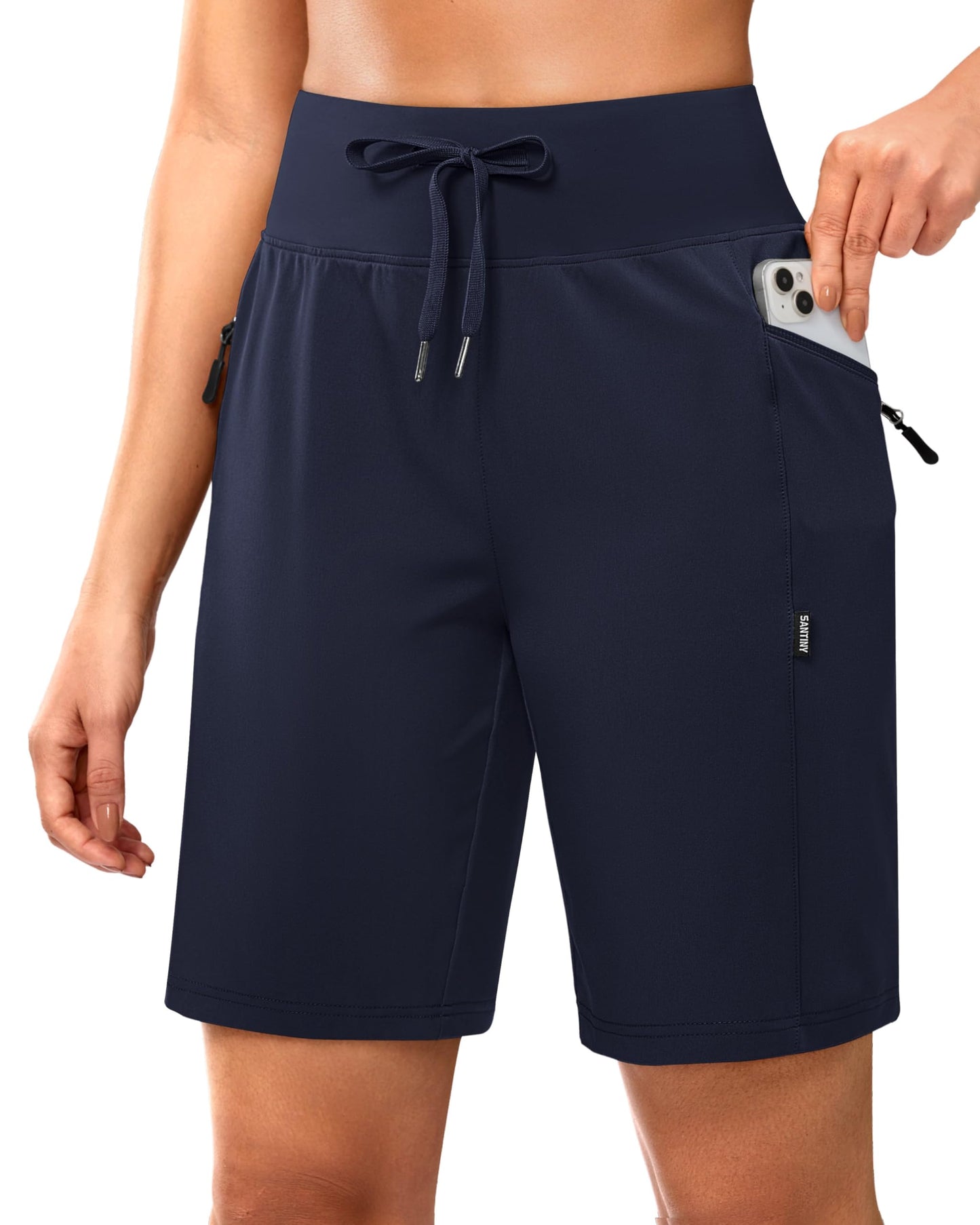SANTINY Women's 9" Hiking Shorts with 3 Zipper Pockets Lightweight Quick Dry Long Shorts for Women Athletic Travel (Navy_XL)