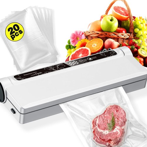 Portable Vacuum Sealer Machine for Food Storage, 75KPA Strong Suction, Dry/Wet Modes with One-Touch Seal, Includes 20 Bags & Digital Timer, Compact for Home Kitchen, Camping, Travel