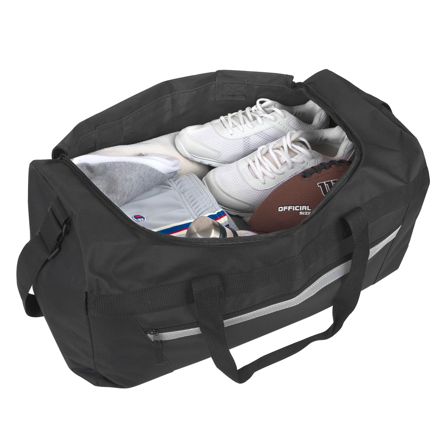 40 Liter, 22 Inch Reflective Duffle Bag with Shoulder Strap for Men, Women, Travel (Black)