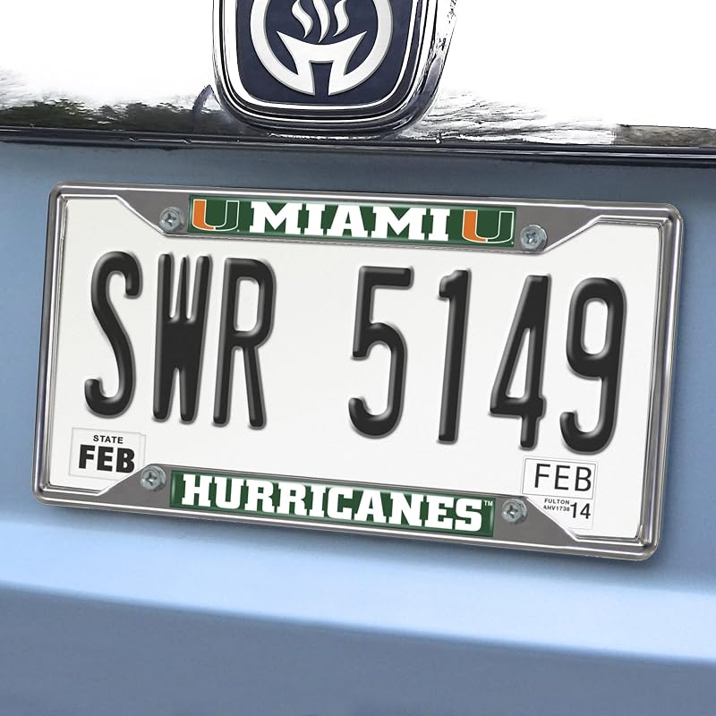 NCAA Chrome Metal License Plate Frame - Miami Hurricanes, 4-Hole Pre-Drilled