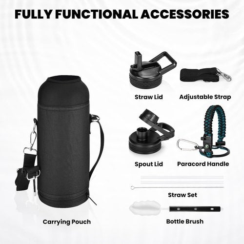 RAYMYLO Insulated Water Bottle 40 oz, Triple Wall Vacuum Stainless Steel (Cold for 48 Hrs), Leak Proof & Non-BPA, Modern Water Flask Jug with Paracord Handle & Straw Spout Lids, Indigo/Black