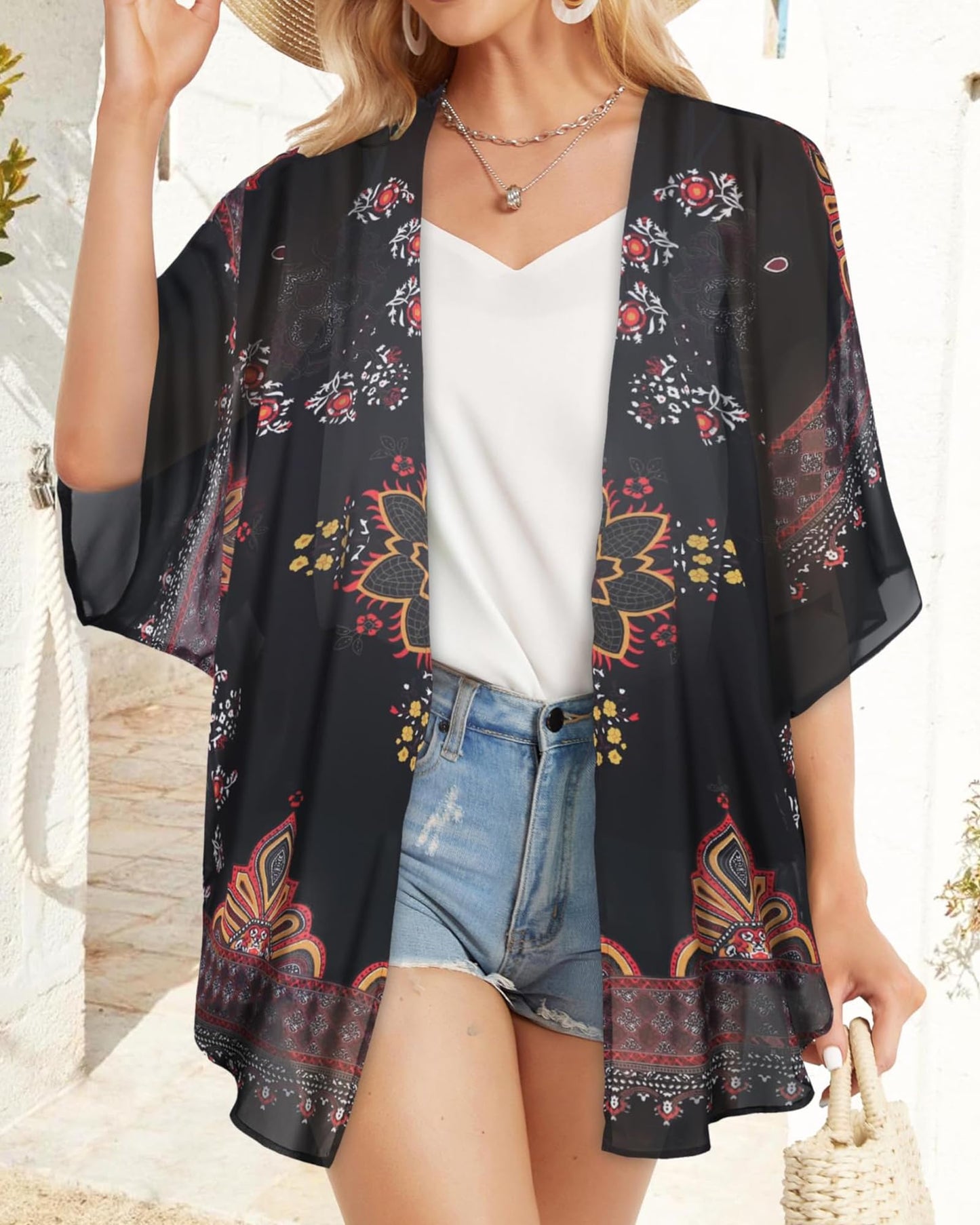 Womens Kimonos Beach Cover Up Chiffon Cardigan Floral Blouse Loose Fit Cape Top Summer Resortwear(Orange Black,3XL)