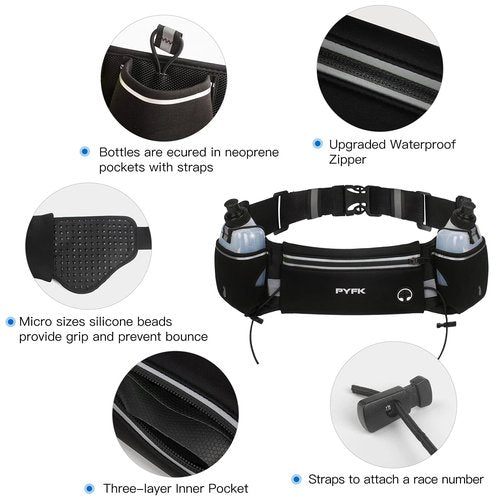 PYFK Upgraded Running Belt with Water Bottles, Hydration for Men and Women, Bottle Holder Pouch Belt, Fanny Pack Fits 7 inches Phones, Waist pack Runner Jogging (Black)
