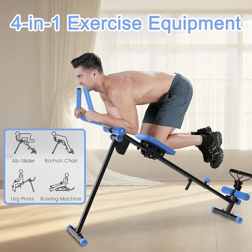 4-in-1 Ab Workout Exercise Equipment Rowing Machine Leg Press Machine Ab Glider Machine Roman Chair Fitness Equipment for Ab Workout Core Strength Training(Blue)